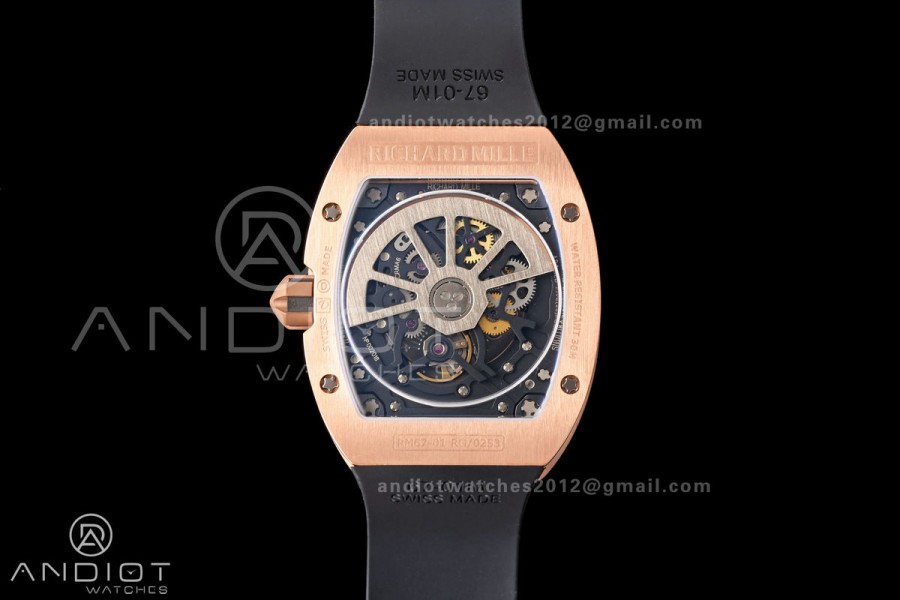 Mille Studio RM67-01 RG Skeleton Dial Diamonds Bezel on Black Rubber Strap CRMA6 Clone