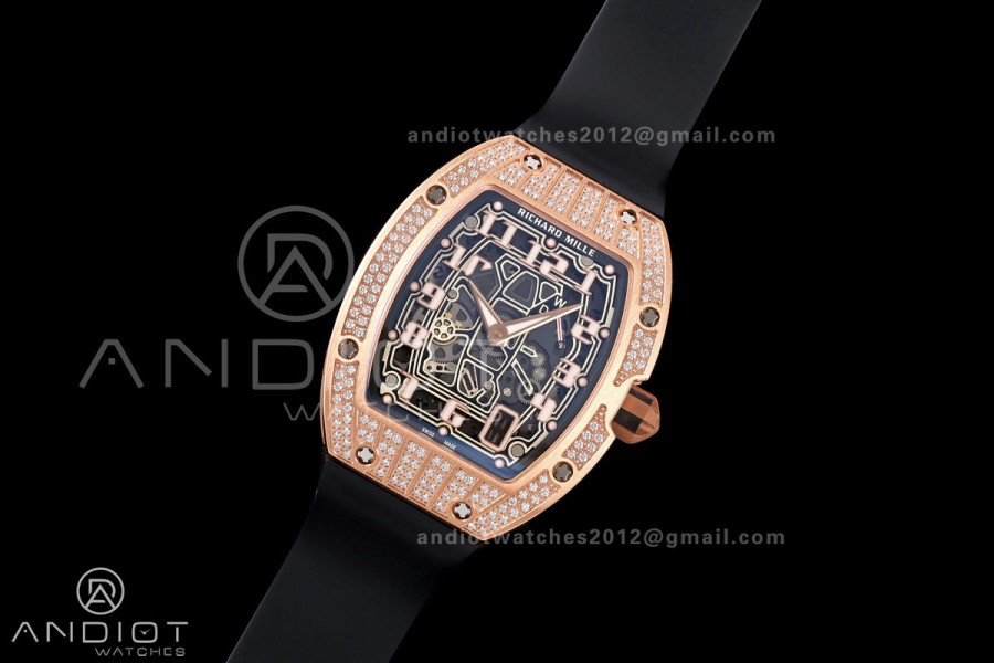 Mille Studio RM67-01 RG Skeleton Dial Diamonds Bezel on Black Rubber Strap CRMA6 Clone