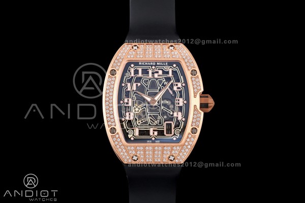 Mille Studio RM67-01 RG Skeleton Dial Diamonds Bezel on Black Rubber Strap CRMA6 Clone