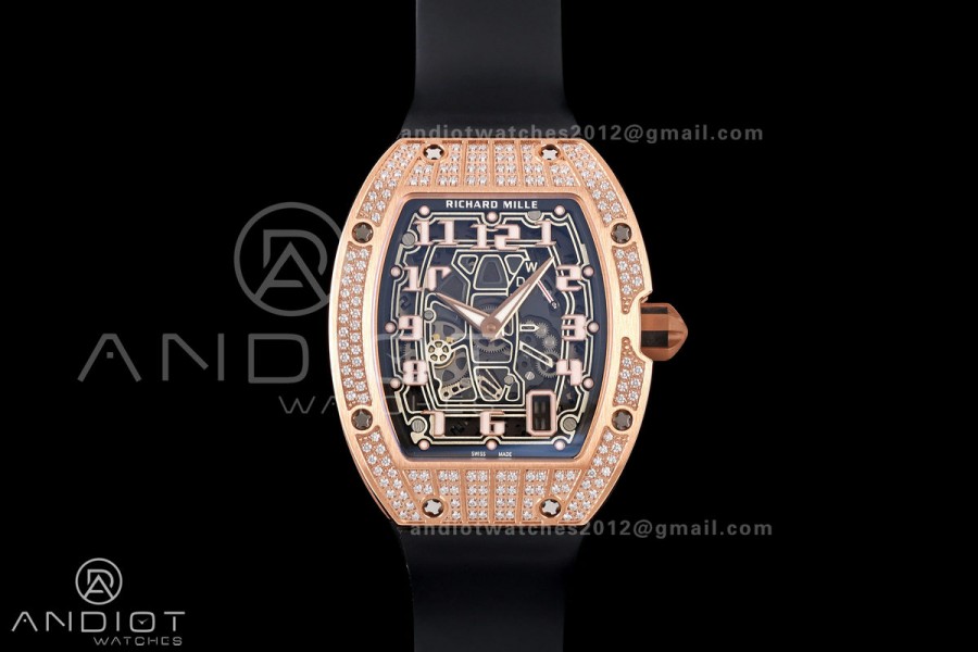 Mille Studio RM67-01 RG Skeleton Dial Diamonds Bezel on Black Rubber Strap CRMA6 Clone