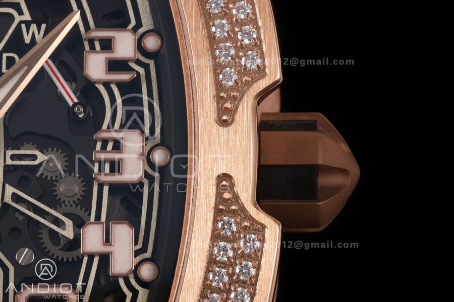 Mille Studio RM67-01 RG Skeleton Dial Diamonds Bezel on Black Rubber Strap CRMA6 Clone