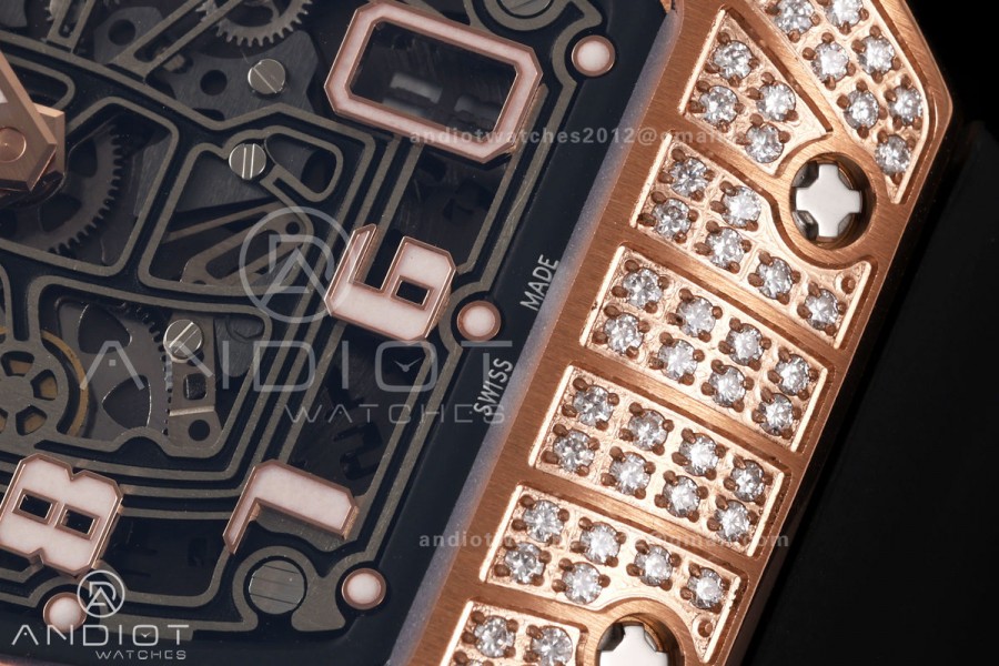 Mille Studio RM67-01 RG Skeleton Dial Diamonds Bezel on Black Rubber Strap CRMA6 Clone