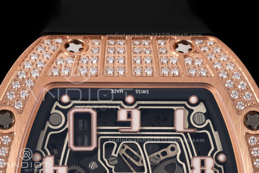 Mille Studio RM67-01 RG Skeleton Dial Diamonds Bezel on Black Rubber Strap CRMA6 Clone