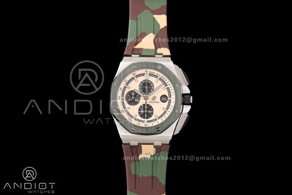 Royal Oak Offshore 44mm SS Green Ceramic Bezel JF 1:1 Best Edition Cream Dial on Rubber Strap A3126