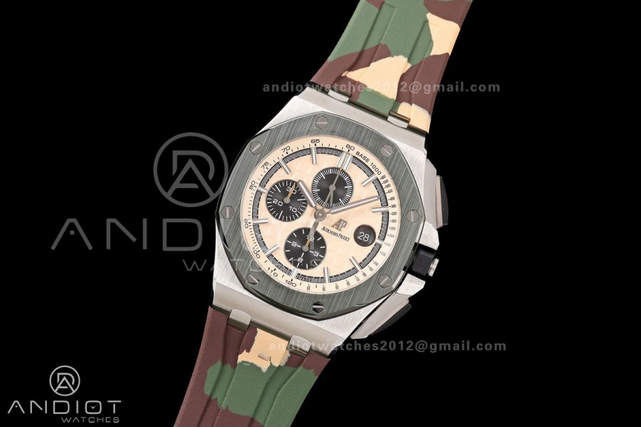 Royal Oak Offshore 44mm SS Green Ceramic Bezel JF 1:1 Best Edition Cream Dial on Rubber Strap A3126