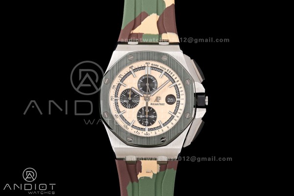 Royal Oak Offshore 44mm SS Green Ceramic Bezel JF 1:1 Best Edition Cream Dial on Rubber Strap A3126