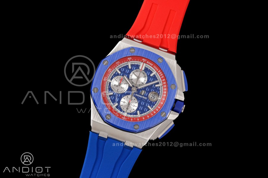 Royal Oak Offshore 44mm SS Blue Ceramic Bezel JF 1:1 Best Edition Blue/Red Dial on Rubber Strap A3126