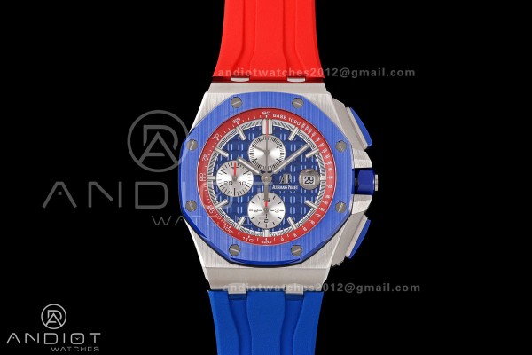 Royal Oak Offshore 44mm SS Blue Ceramic Bezel JF 1:1 Best Edition Blue/Red Dial on Rubber Strap A3126
