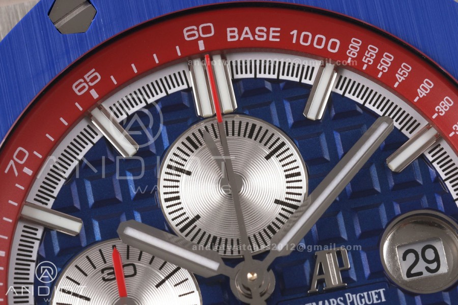 Royal Oak Offshore 44mm SS Blue Ceramic Bezel JF 1:1 Best Edition Blue/Red Dial on Rubber Strap A3126