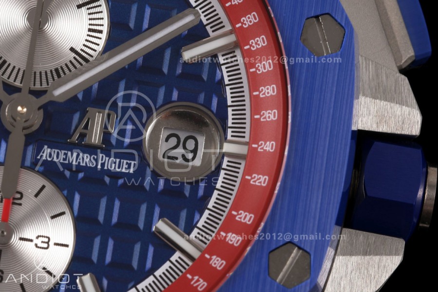 Royal Oak Offshore 44mm SS Blue Ceramic Bezel JF 1:1 Best Edition Blue/Red Dial on Rubber Strap A3126