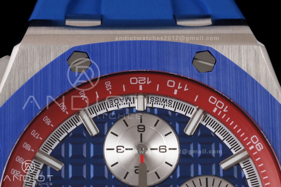 Royal Oak Offshore 44mm SS Blue Ceramic Bezel JF 1:1 Best Edition Blue/Red Dial on Rubber Strap A3126
