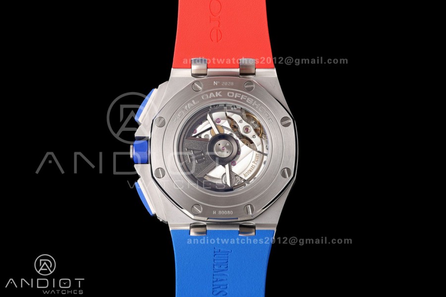 Royal Oak Offshore 44mm SS Blue Ceramic Bezel JF 1:1 Best Edition Blue/Red Dial on Rubber Strap A3126