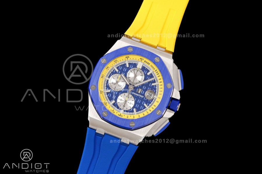 Royal Oak Offshore 44mm SS Blue Ceramic Bezel JF 1:1 Best Edition Blue/Yellow Dial on Rubber Strap A3126