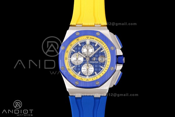 Royal Oak Offshore 44mm SS Blue Ceramic Bezel JF 1:1 Best Edition Blue/Yellow Dial on Rubber Strap A3126