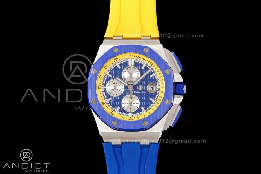 Royal Oak Offshore 44mm SS Blue Ceramic Bezel JF 1:1 Best Edition Blue/Yellow Dial on Rubber Strap A3126