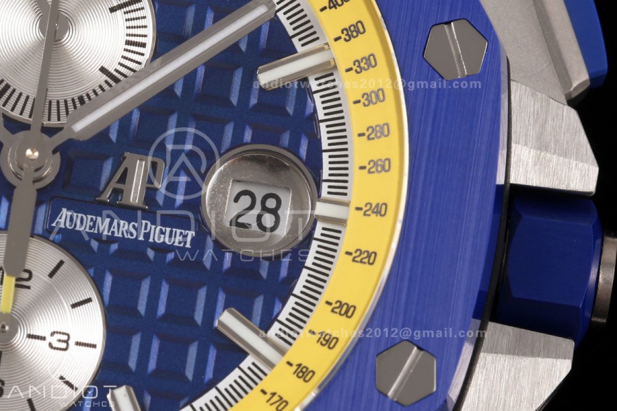 Royal Oak Offshore 44mm SS Blue Ceramic Bezel JF 1:1 Best Edition Blue/Yellow Dial on Rubber Strap A3126