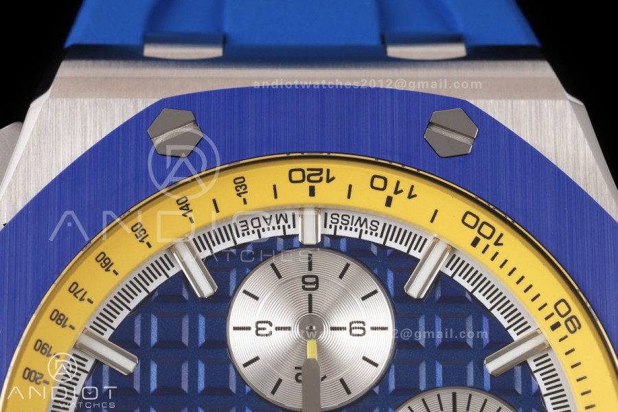 Royal Oak Offshore 44mm SS Blue Ceramic Bezel JF 1:1 Best Edition Blue/Yellow Dial on Rubber Strap A3126