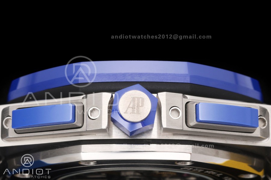 Royal Oak Offshore 44mm SS Blue Ceramic Bezel JF 1:1 Best Edition Blue/Yellow Dial on Rubber Strap A3126