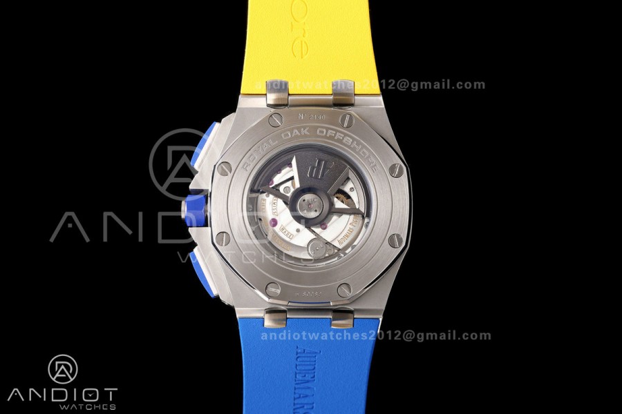 Royal Oak Offshore 44mm SS Blue Ceramic Bezel JF 1:1 Best Edition Blue/Yellow Dial on Rubber Strap A3126