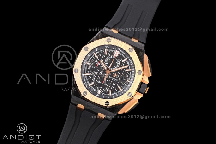 Royal Oak Offshore 44mm Forged Carbon RG Bezel JF 1:1 Best Edition Black Dial on Rubber Strap A3126