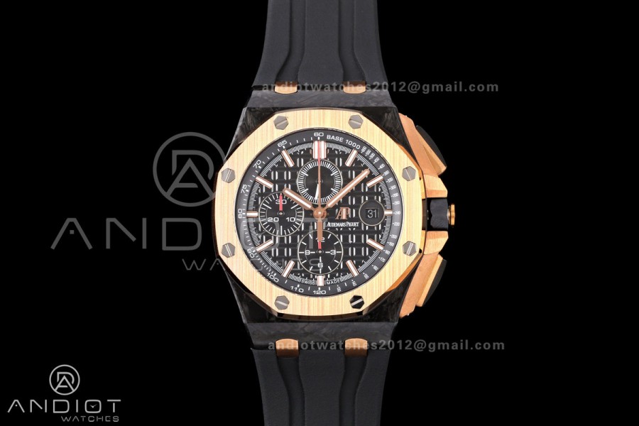 Royal Oak Offshore 44mm Forged Carbon RG Bezel JF 1:1 Best Edition Black Dial on Rubber Strap A3126