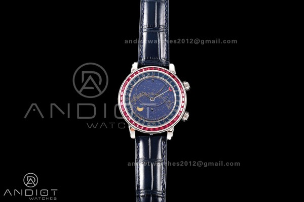 Grand Complications 6102 SS Purple Diamonds Bezel PPF 1:1 Best Edition Blue Dial on Blue Leather Strap SA240 Super Clone