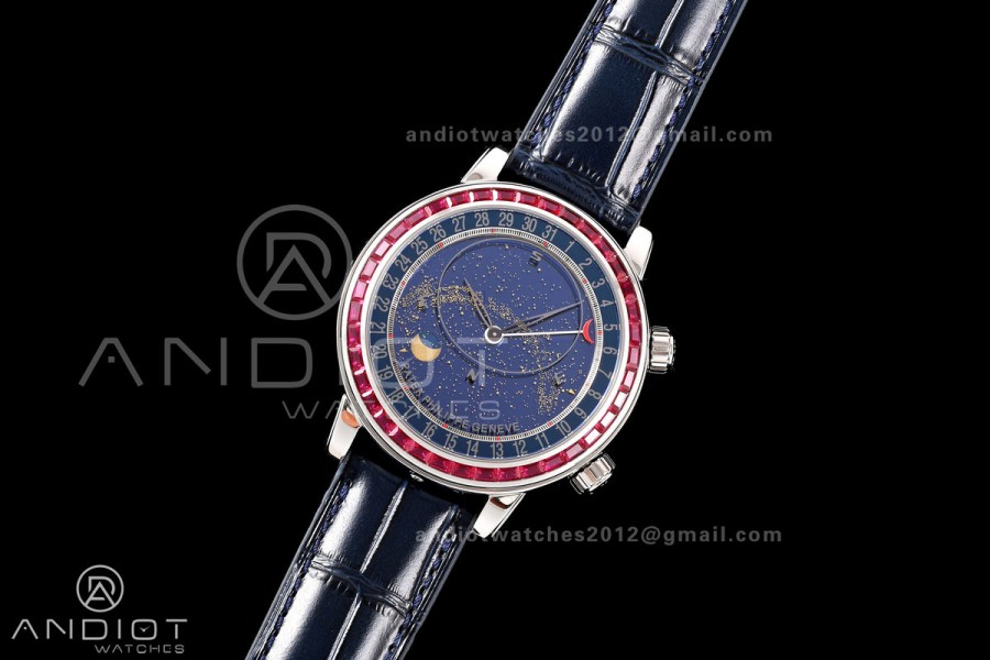 Grand Complications 6102 SS Purple Diamonds Bezel PPF 1:1 Best Edition Blue Dial on Blue Leather Strap SA240 Super Clone