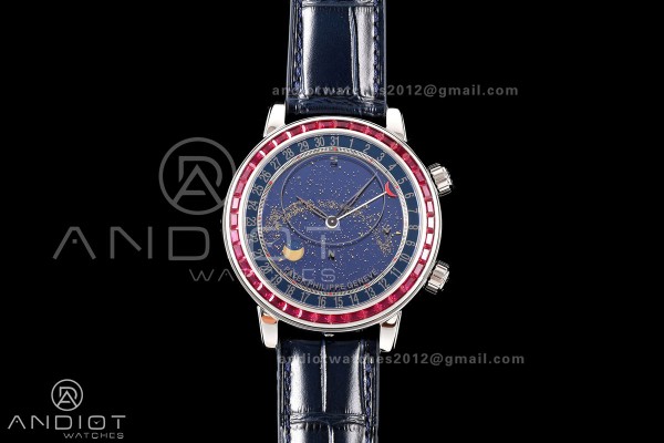 Grand Complications 6102 SS Purple Diamonds Bezel PPF 1:1 Best Edition Blue Dial on Blue Leather Strap SA240 Super Clone