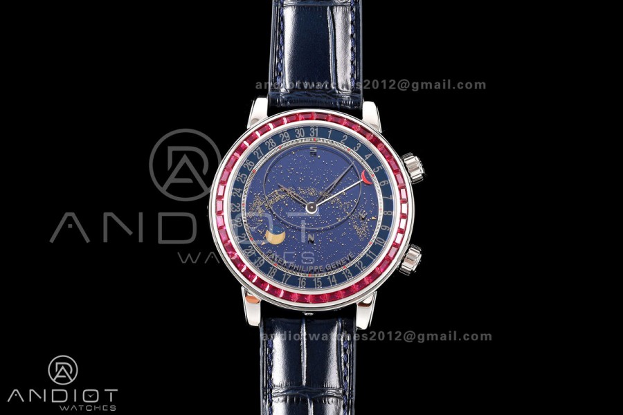 Grand Complications 6102 SS Purple Diamonds Bezel PPF 1:1 Best Edition Blue Dial on Blue Leather Strap SA240 Super Clone