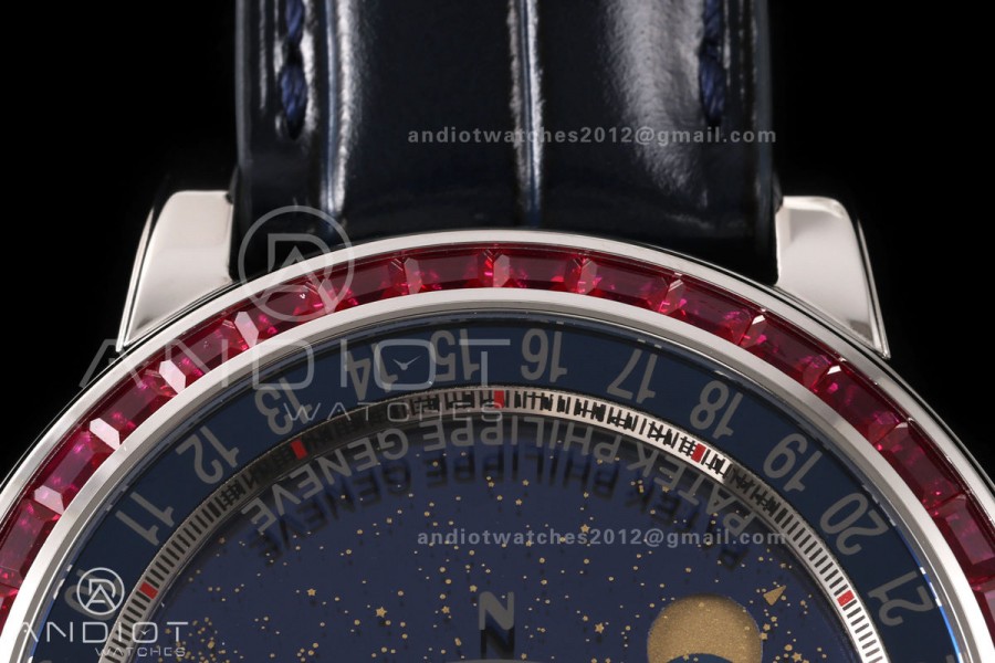 Grand Complications 6102 SS Purple Diamonds Bezel PPF 1:1 Best Edition Blue Dial on Blue Leather Strap SA240 Super Clone