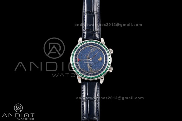 Grand Complications 6102 SS Green Diamonds Bezel PPF 1:1 Best Edition Blue Dial on Blue Leather Strap SA240 Super Clone