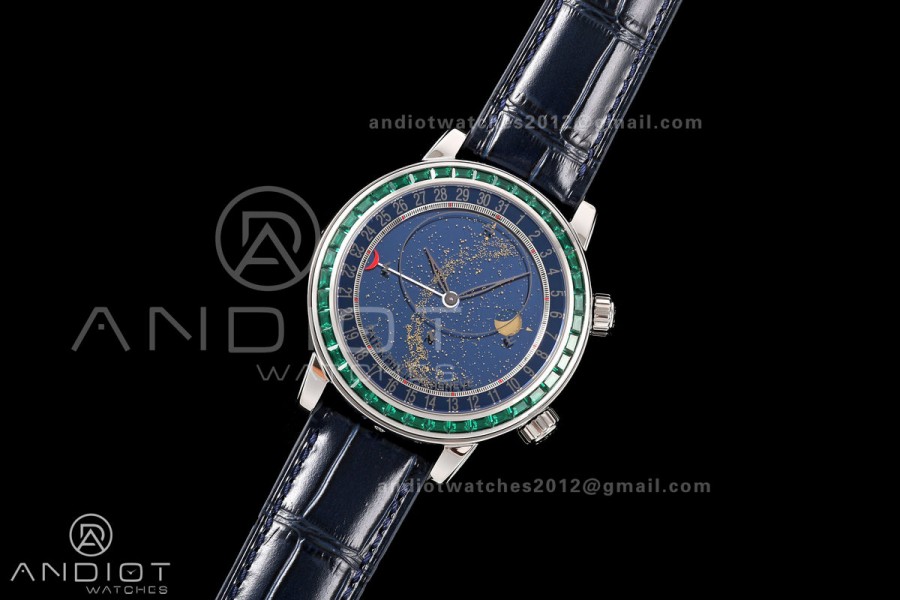 Grand Complications 6102 SS Green Diamonds Bezel PPF 1:1 Best Edition Blue Dial on Blue Leather Strap SA240 Super Clone