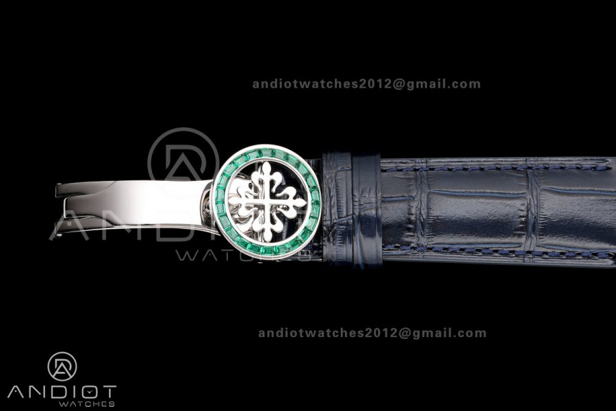 Grand Complications 6102 SS Green Diamonds Bezel PPF 1:1 Best Edition Blue Dial on Blue Leather Strap SA240 Super Clone