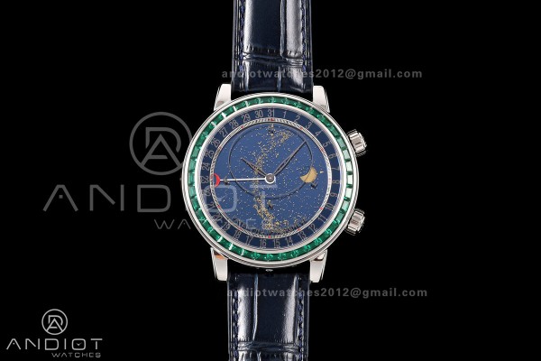 Grand Complications 6102 SS Green Diamonds Bezel PPF 1:1 Best Edition Blue Dial on Blue Leather Strap SA240 Super Clone