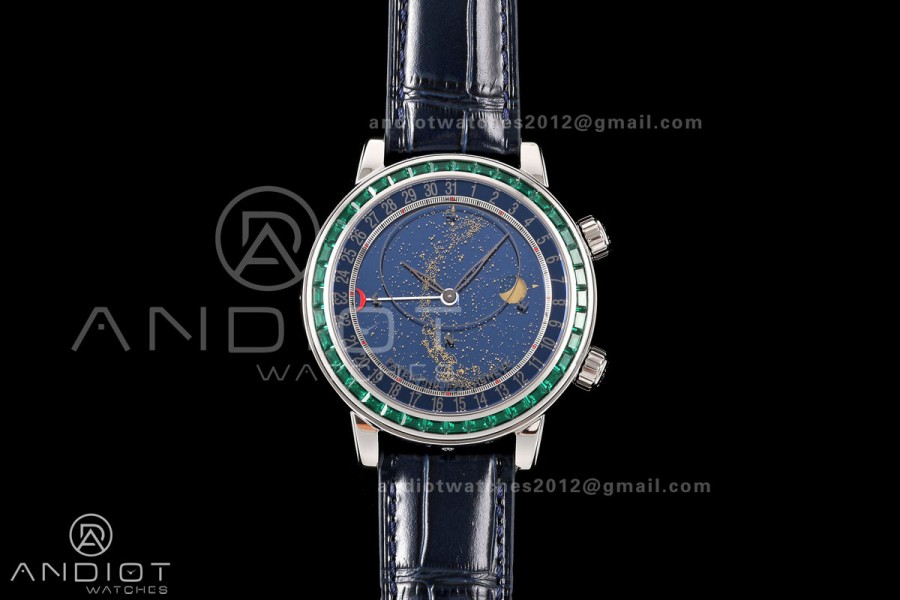 Grand Complications 6102 SS Green Diamonds Bezel PPF 1:1 Best Edition Blue Dial on Blue Leather Strap SA240 Super Clone