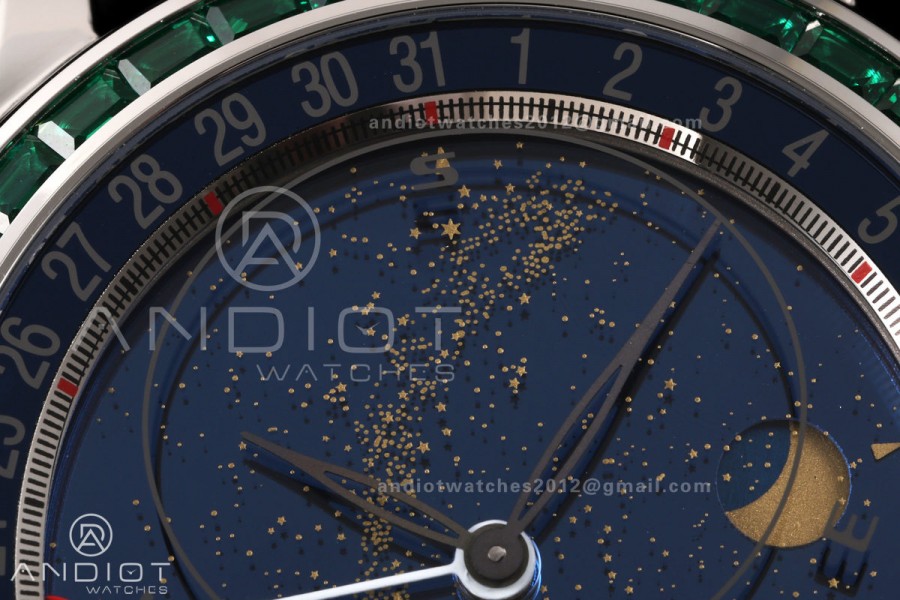 Grand Complications 6102 SS Green Diamonds Bezel PPF 1:1 Best Edition Blue Dial on Blue Leather Strap SA240 Super Clone