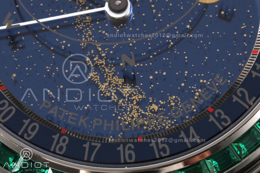 Grand Complications 6102 SS Green Diamonds Bezel PPF 1:1 Best Edition Blue Dial on Blue Leather Strap SA240 Super Clone
