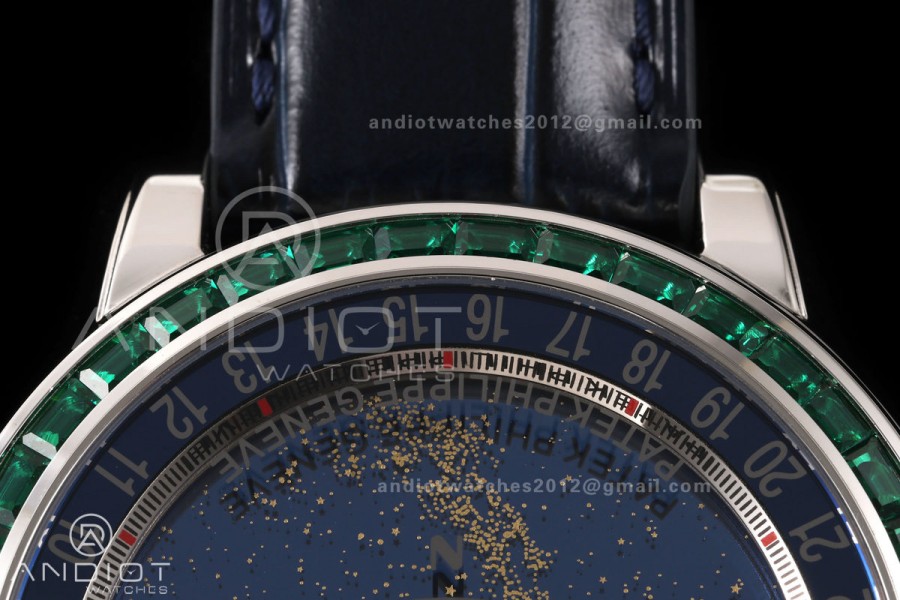 Grand Complications 6102 SS Green Diamonds Bezel PPF 1:1 Best Edition Blue Dial on Blue Leather Strap SA240 Super Clone