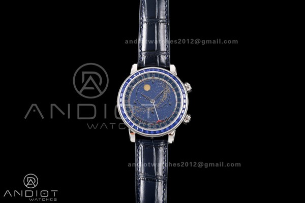 Grand Complications 6102 SS Blue Diamonds Bezel PPF 1:1 Best Edition Blue Dial on Blue Leather Strap SA240 Super Clone