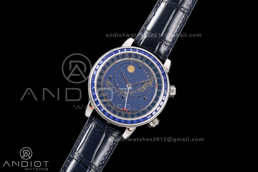 Grand Complications 6102 SS Blue Diamonds Bezel PPF 1:1 Best Edition Blue Dial on Blue Leather Strap SA240 Super Clone