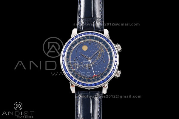 Grand Complications 6102 SS Blue Diamonds Bezel PPF 1:1 Best Edition Blue Dial on Blue Leather Strap SA240 Super Clone