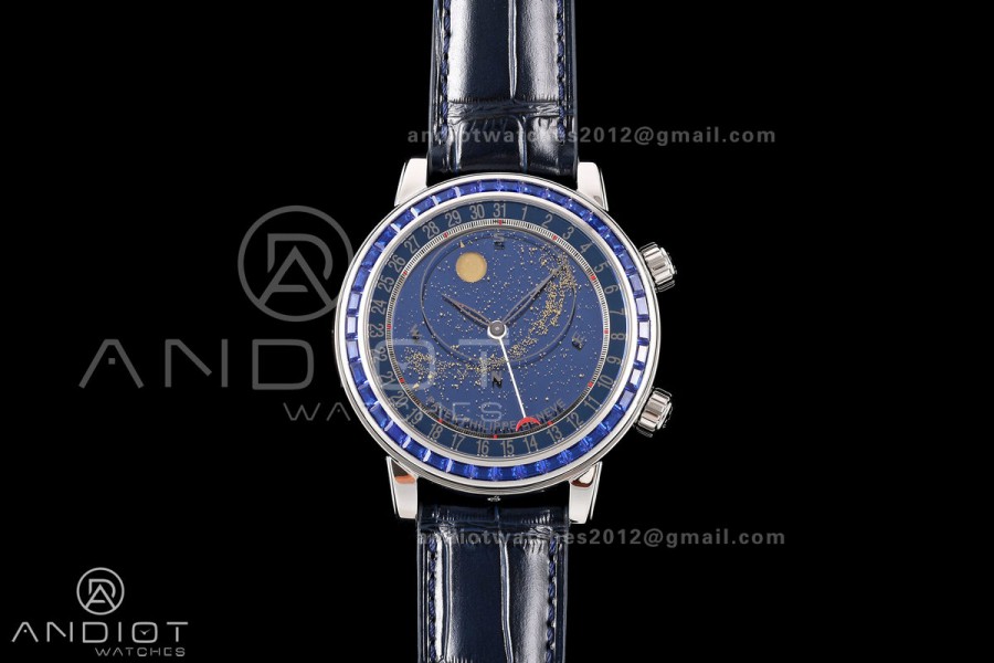 Grand Complications 6102 SS Blue Diamonds Bezel PPF 1:1 Best Edition Blue Dial on Blue Leather Strap SA240 Super Clone