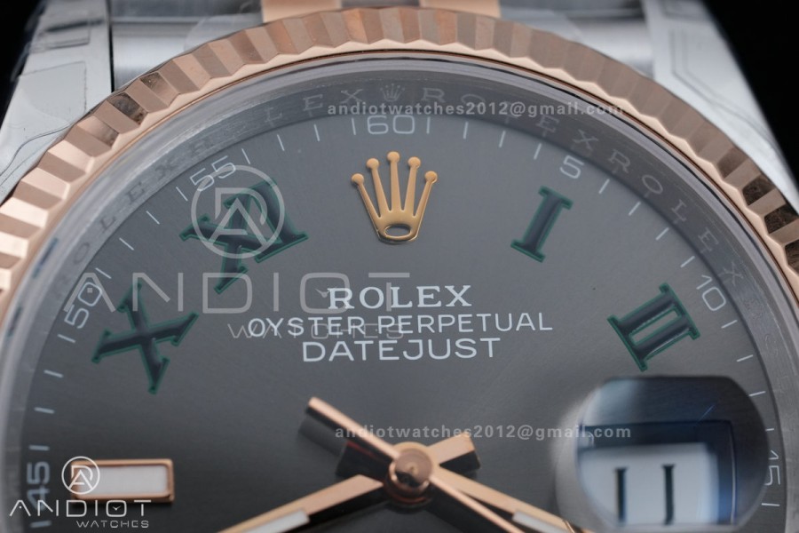 DateJust 36 SS/RG 126231 VSF 1:1 Best Edition 904L Steel Gray Dial Green Roman Marker on Jubilee Bracelet VS3235