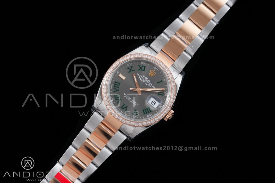 DateJust 36 SS/RG 126231 VSF 1:1 Best Edition 904L Steel Gray Dial Green Roman Marker Diamond Bezel on Oyster Bracelet VS3235