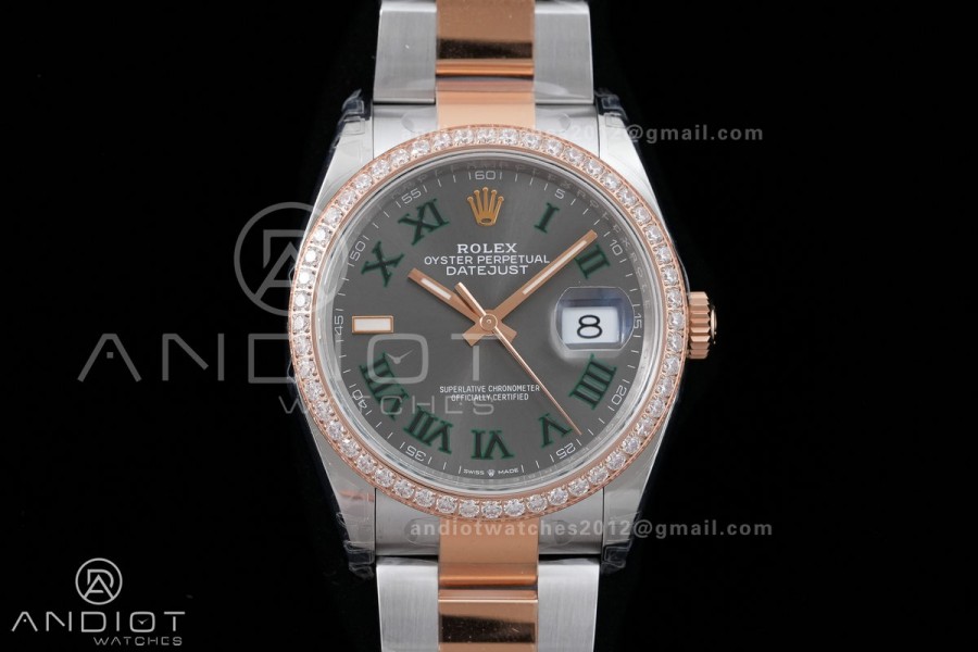 DateJust 36 SS/RG 126231 VSF 1:1 Best Edition 904L Steel Gray Dial Green Roman Marker Diamond Bezel on Oyster Bracelet VS3235