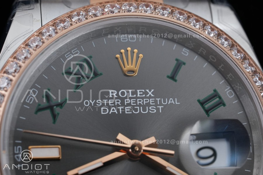 DateJust 36 SS/RG 126231 VSF 1:1 Best Edition 904L Steel Gray Dial Green Roman Marker Diamond Bezel on Oyster Bracelet VS3235