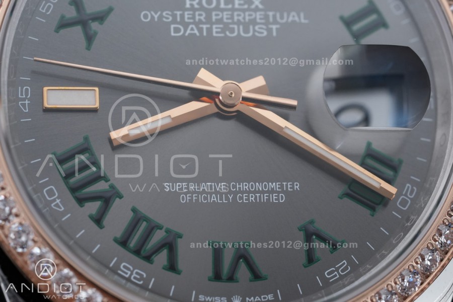 DateJust 36 SS/RG 126231 VSF 1:1 Best Edition 904L Steel Gray Dial Green Roman Marker Diamond Bezel on Oyster Bracelet VS3235