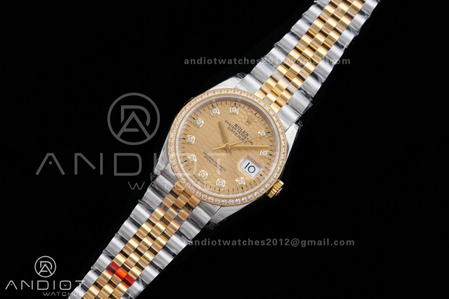 DateJust 36 SS/YG 126233 VSF 1:1 Best Edition 904L Steel YG Textured Diamonds Dial Diamonds Bezel on Jubilee Bracelet VS3235