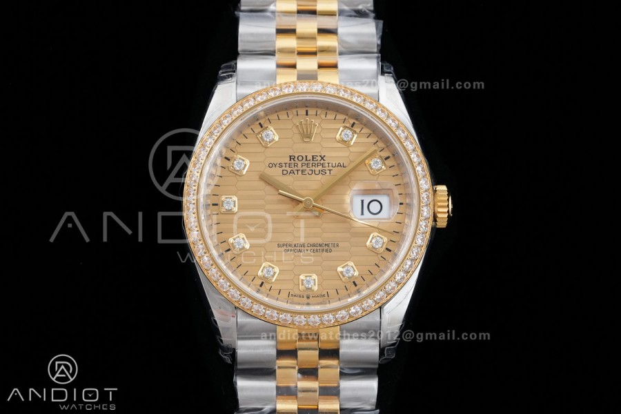 DateJust 36 SS/YG 126233 VSF 1:1 Best Edition 904L Steel YG Textured Diamonds Dial Diamonds Bezel on Jubilee Bracelet VS3235