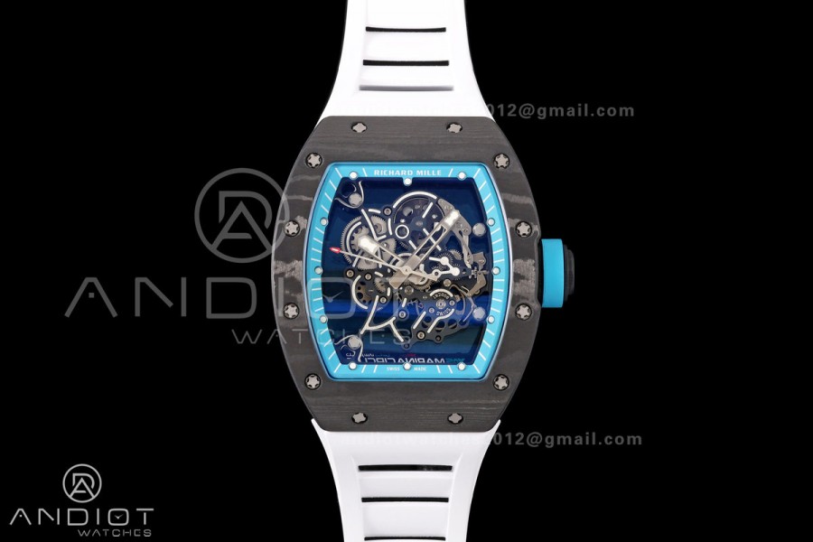 RM055 Black NTPT A9F 1:1 Best Edition Blue Inner Bezel on White Rubber Strap RMUL2 Free Sprung